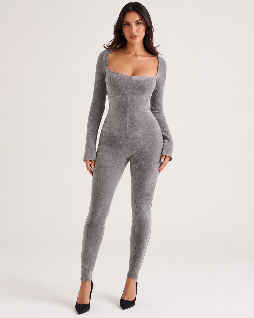 New with Tags House of CB Isis Grey Chenille Jumpsuit Long Sleeve Size S